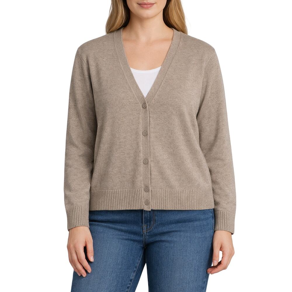Denim & Co. Taupe Knit Cardigan Size Large – Classic Button‑Front Sweater